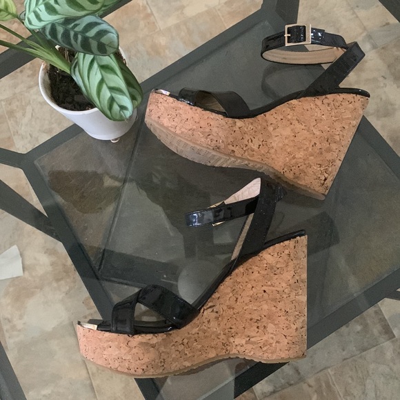 ✨JIMMY CHOO PAPYRUS BLACK PATENT LEATHER CORK WEDGE PLATFORM SANDALS - Picture 5 of 15